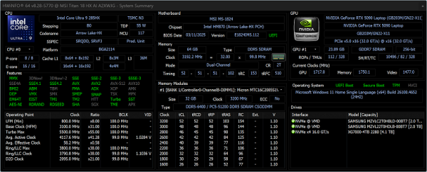 Обзор игрового ноутбука MSI Titan 18 HX AI A2XWJG-076RU с Intel Core Ultra 9 и Nvidia GeForce RTX 5090 Laptop